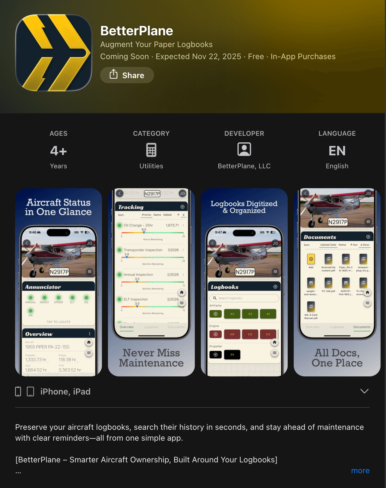 BetterPlane listing in the App Store!