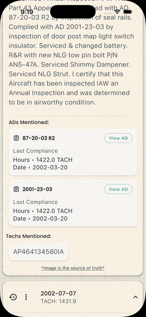 AD reference linking from logbook entry to FAA directive