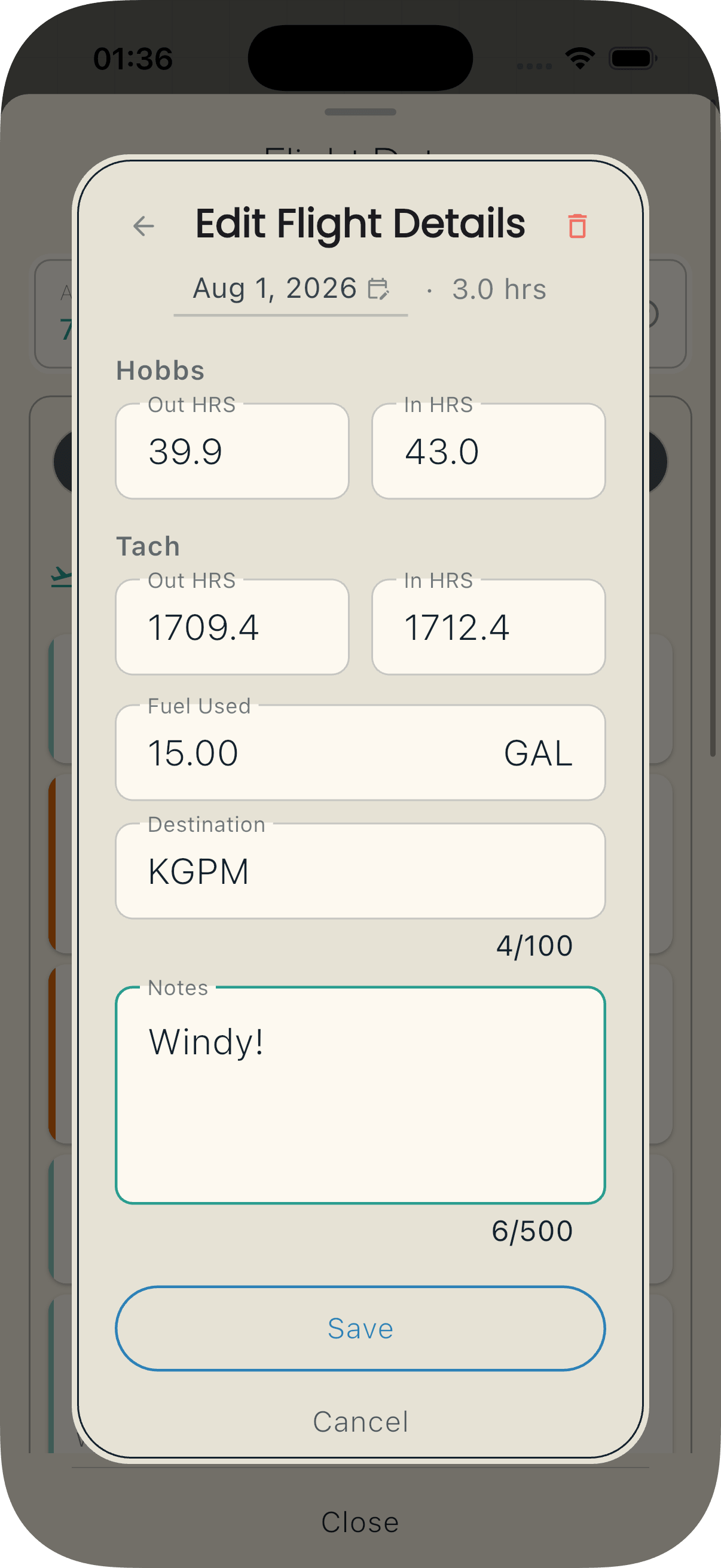 Editing a flight record in BetterPlane